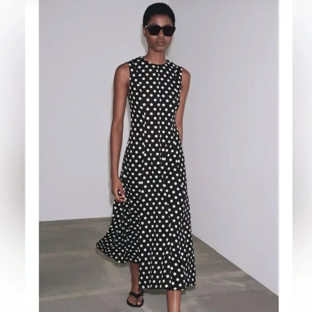 ZARA Black and White Polka Dot Midi Dress- XS